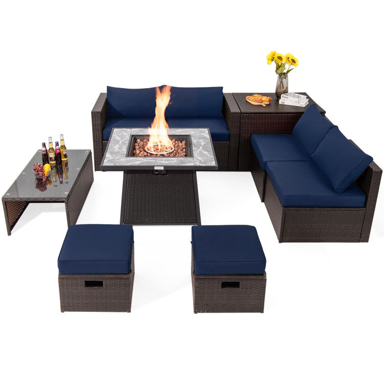 9 Pieces Outdoor Rattan Furniture Set Patio PE Wicker Sectional Conversation Sofa Set with 50000 BTU Fire Pit Table and Storage Box