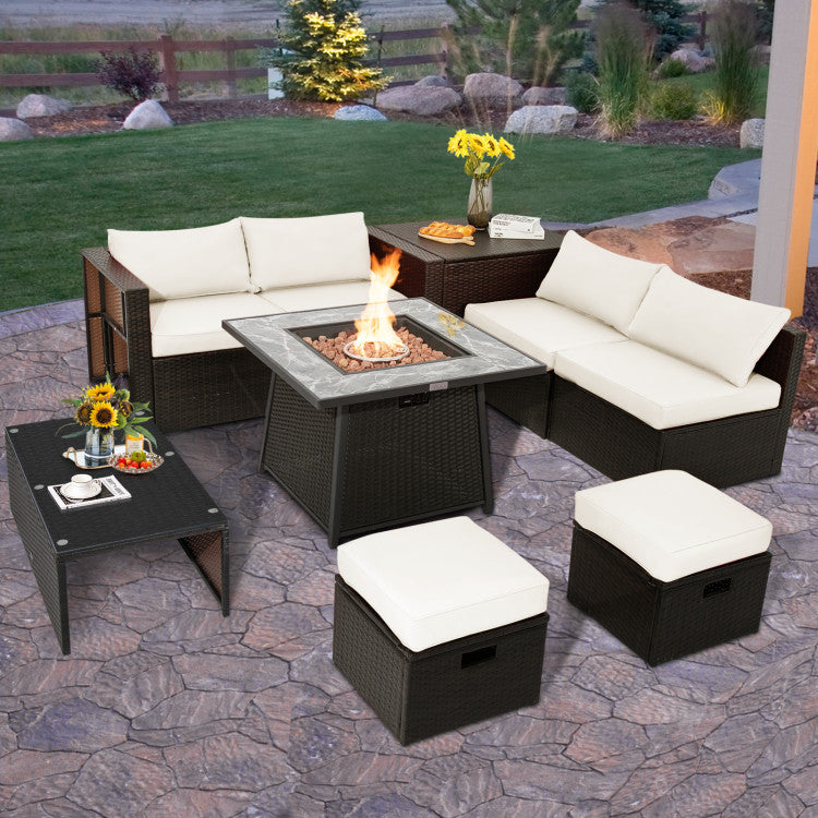 9 Pieces Outdoor Rattan Furniture Set Patio PE Wicker Sectional Conversation Sofa Set with 50000 BTU Fire Pit Table and Storage Box