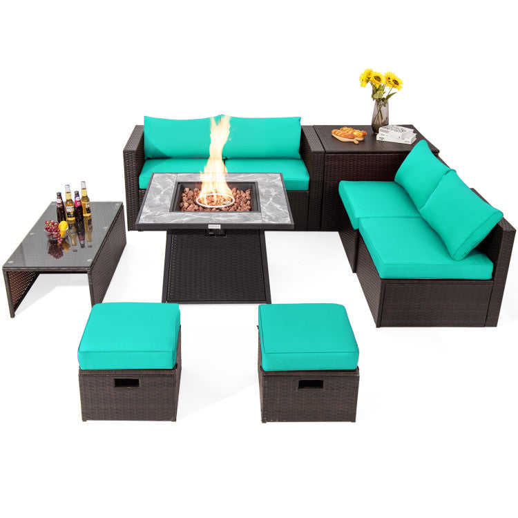 9 Pieces Outdoor Rattan Furniture Set Patio PE Wicker Sectional Conversation Sofa Set with 50000 BTU Fire Pit Table and Storage Box