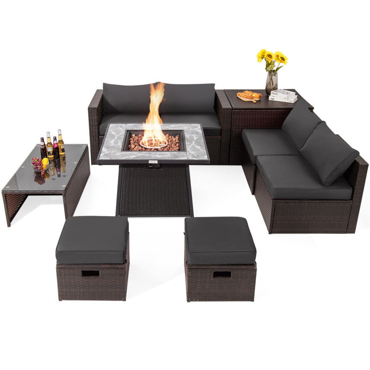 9 Pieces Outdoor Rattan Furniture Set Patio PE Wicker Sectional Conversation Sofa Set with 50000 BTU Fire Pit Table and Storage Box