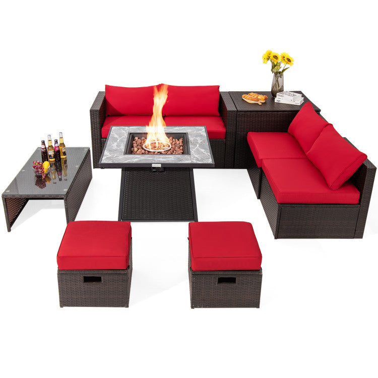 9 Pieces Outdoor Rattan Furniture Set Patio PE Wicker Sectional Conversation Sofa Set with 50000 BTU Fire Pit Table and Storage Box