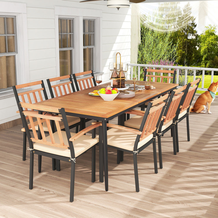 9 Pieces Outdoor Acacia Wood Dining Table Set Patio Furniture Set with Umbrella Hole and Cushions