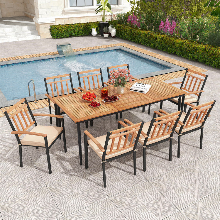 9 Pieces Outdoor Acacia Wood Dining Table Set Patio Furniture Set with Umbrella Hole and Cushions