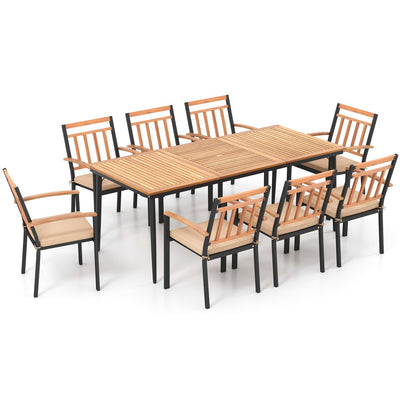 9 Pieces Outdoor Acacia Wood Dining Table Set Patio Furniture Set with Umbrella Hole and Cushions