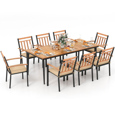9 Pieces Outdoor Acacia Wood Dining Table Set Patio Furniture Set with Umbrella Hole and Cushions