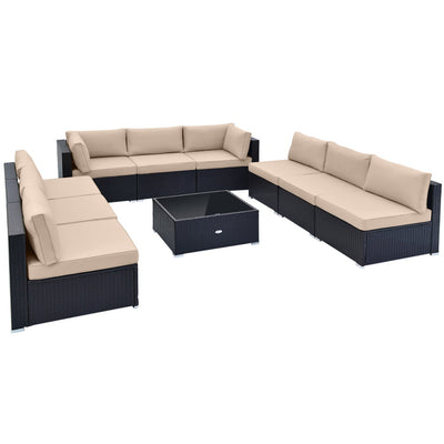 10 Piece Patio Rattan Furniture Set Outdoor Wicker Conversation Sectional Sofa Set with Coffee Table and Cushions