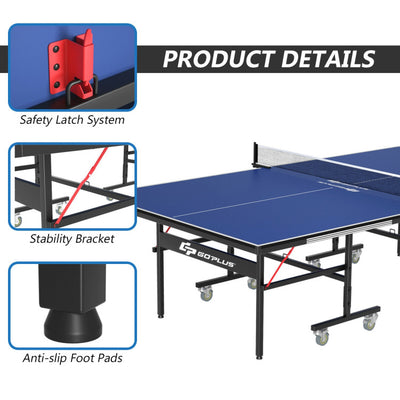 9 x 5 Feet Foldable Table Tennis Table All-Weather Ping Pong Table with Safety Latch and Lockable Wheels