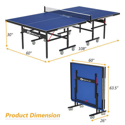 9 x 5 Feet Foldable Table Tennis Table All-Weather Ping Pong Table with Safety Latch and Lockable Wheels