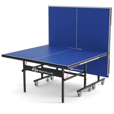 9 x 5 Feet Foldable Table Tennis Table All-Weather Ping Pong Table with Safety Latch and Lockable Wheels