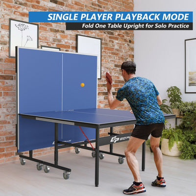 9 x 5 Feet Foldable Table Tennis Table All-Weather Ping Pong Table with Safety Latch and Lockable Wheels