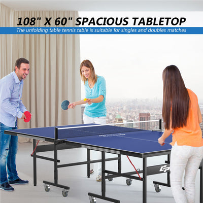 9 x 5 Feet Foldable Table Tennis Table All-Weather Ping Pong Table with Safety Latch and Lockable Wheels