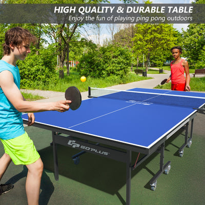 9 x 5 Feet Foldable Table Tennis Table All-Weather Ping Pong Table with Safety Latch and Lockable Wheels