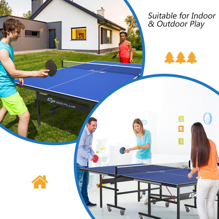 9 x 5 Feet Foldable Table Tennis Table All-Weather Ping Pong Table with Safety Latch and Lockable Wheels