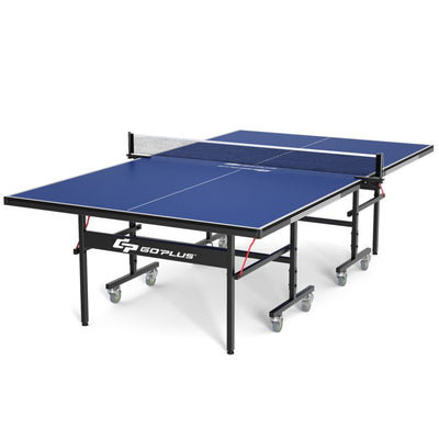 9 x 5 Feet Foldable Table Tennis Table All-Weather Ping Pong Table with Safety Latch and Lockable Wheels