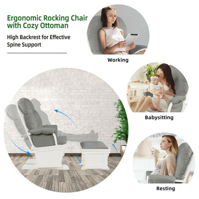 Baby Glider and Ottoman Set Wood Baby Rocker Nursery Chair with Padded Armrests and Detachable Cushion for Napping Reading Nursing