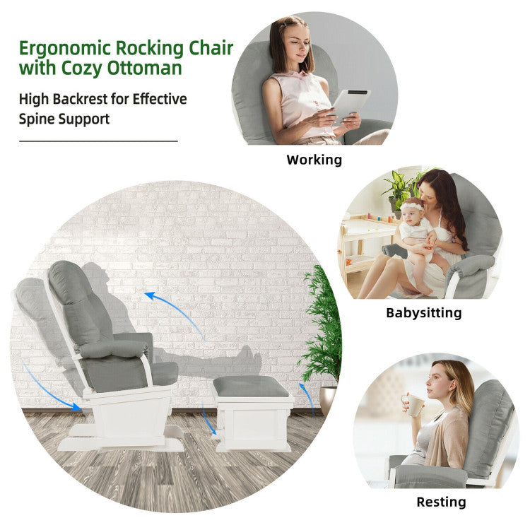 Baby Glider and Ottoman Set Wood Baby Rocker Nursery Chair with Padded Armrests and Detachable Cushion for Napping Reading Nursing