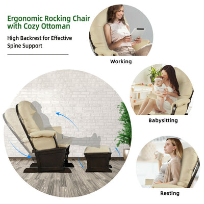 Baby Glider and Ottoman Set Wood Baby Rocker Nursery Chair with Padded Armrests and Detachable Cushion for Napping Reading Nursing