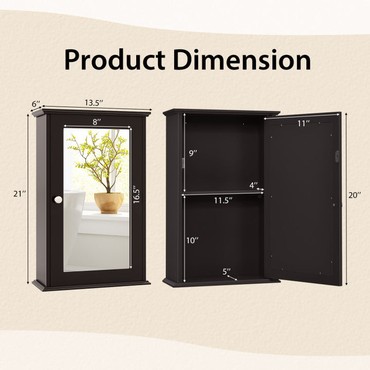 Bathroom Wall Cabinet with Single Mirror Door and Adjustable Shelf