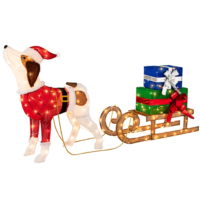 Lighted Christmas Decorations, Outdoor Pre-lit Xmas Dog &amp; Sleigh &amp; Gift Boxes Combo