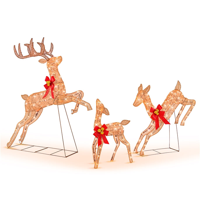 3 Pcs Light up Christmas Reindeers, 60" H Pre-lit Glittering Deer Family Set w/ 255 Warm White Lights &amp; Bows