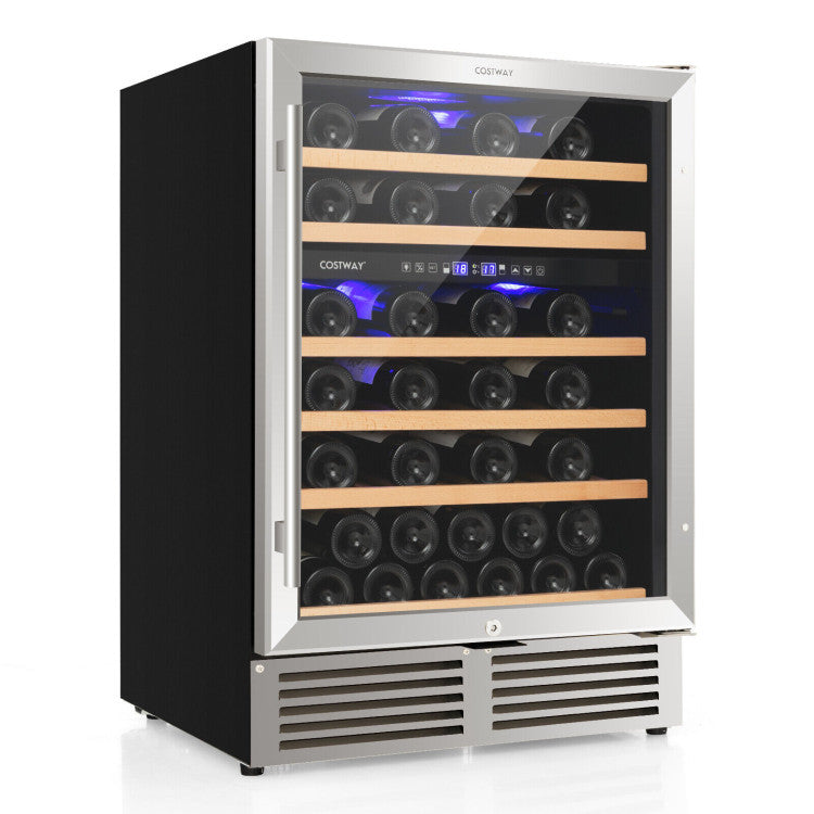 24" Dual Zone Wine Cooler Refrigerator 51 Bottles Freestanding Wine Fridge with Safety Lock and Reversible Door