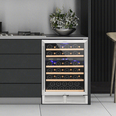 24" Dual Zone Wine Cooler Refrigerator 51 Bottles Freestanding Wine Fridge with Safety Lock and Reversible Door