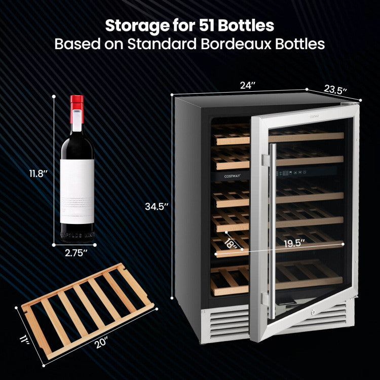 24" Dual Zone Wine Cooler Refrigerator 51 Bottles Freestanding Wine Fridge with Safety Lock and Reversible Door