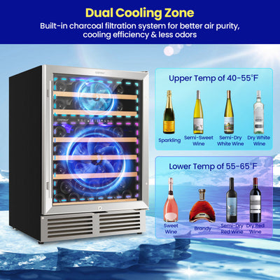 24" Dual Zone Wine Cooler Refrigerator 51 Bottles Freestanding Wine Fridge with Safety Lock and Reversible Door