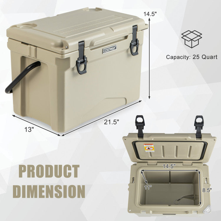 25 QT Portable Hard Cooler Heavy-Duty Rotomolded Cooler Insulated Ice Chest Box with Built-in Cup Holders and Aluminum Handle for Camping Fishing