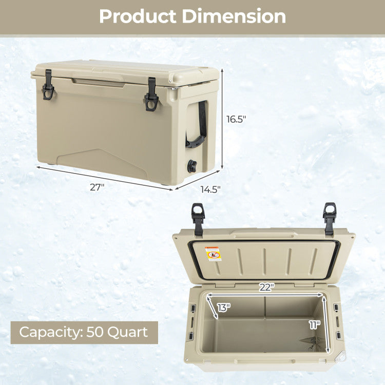 50 QT Heavy-Duty Rotomolded Ice Cooler Insulated Portable Hard Ice Chest Box with Aluminum Handle and Integrated Cup Holders