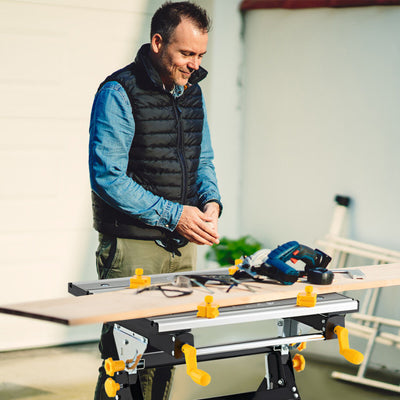 Portable Workbench 7-Level Adjustable Folding Work Table with Tiltable Platform and 8 Sliding Clamps for Garage Workshop