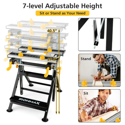 Portable Workbench 7-Level Adjustable Folding Work Table with Tiltable Platform and 8 Sliding Clamps for Garage Workshop