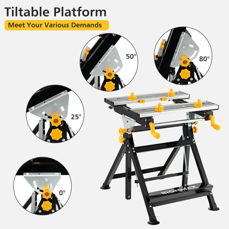 Portable Workbench 7-Level Adjustable Folding Work Table with Tiltable Platform and 8 Sliding Clamps for Garage Workshop