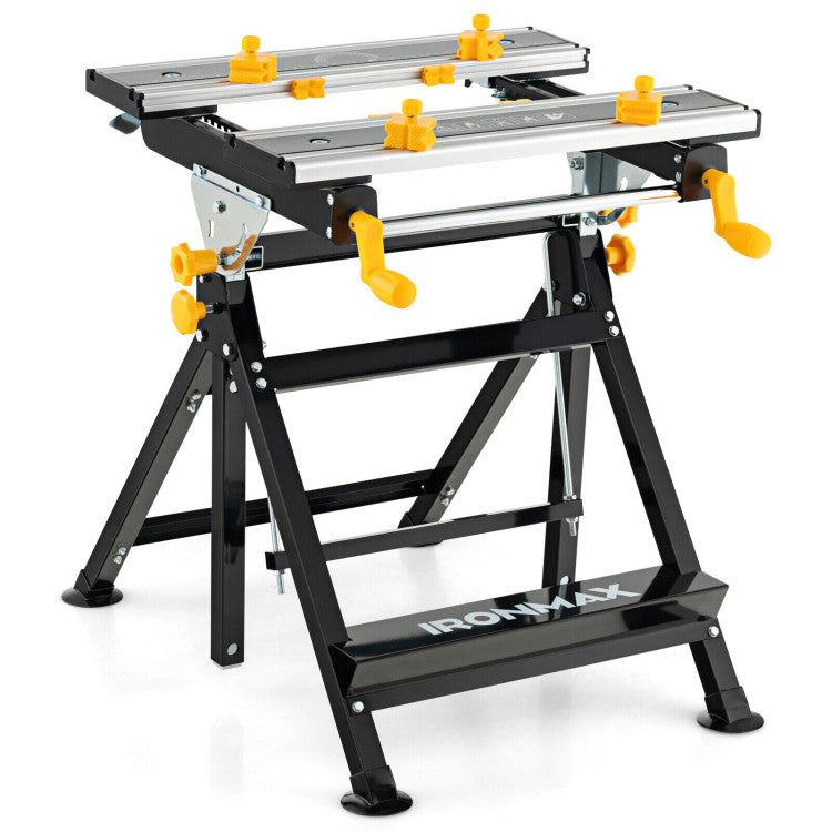 Portable Workbench 7-Level Adjustable Folding Work Table with Tiltable Platform and 8 Sliding Clamps for Garage Workshop