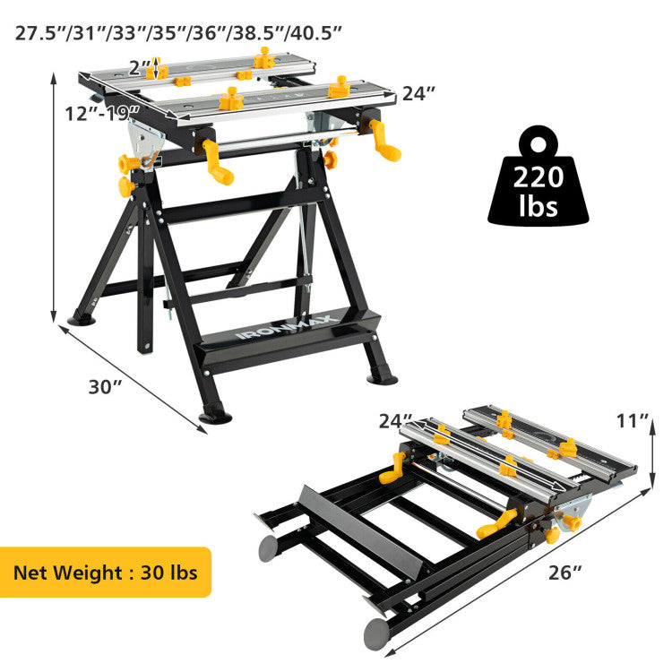 Portable Workbench 7-Level Adjustable Folding Work Table with Tiltable Platform and 8 Sliding Clamps for Garage Workshop