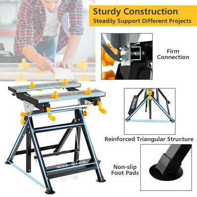 Portable Workbench 7-Level Adjustable Folding Work Table with Tiltable Platform and 8 Sliding Clamps for Garage Workshop