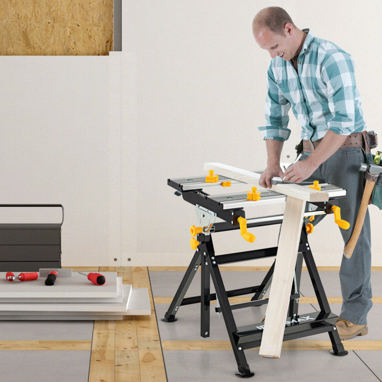 Portable Workbench 7-Level Adjustable Folding Work Table with Tiltable Platform and 8 Sliding Clamps for Garage Workshop