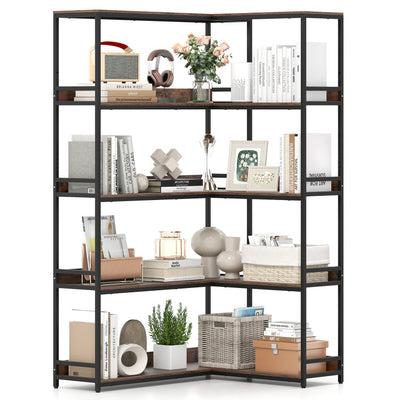 Corner Bookshelf 5-Tier L-Shaped Bookcase Etagere Bookshelf with Metal Frame