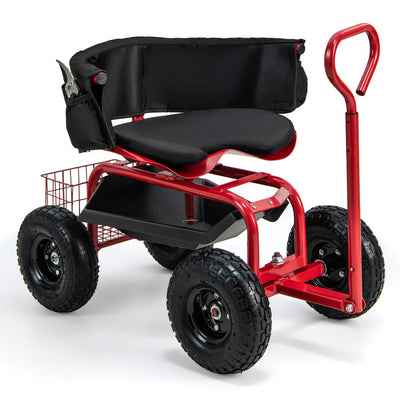 Garden Steerable Tool Cart Adjustable Rolling Scooter Patio Wagon Scooter with Storage Basket and Swivel Seat