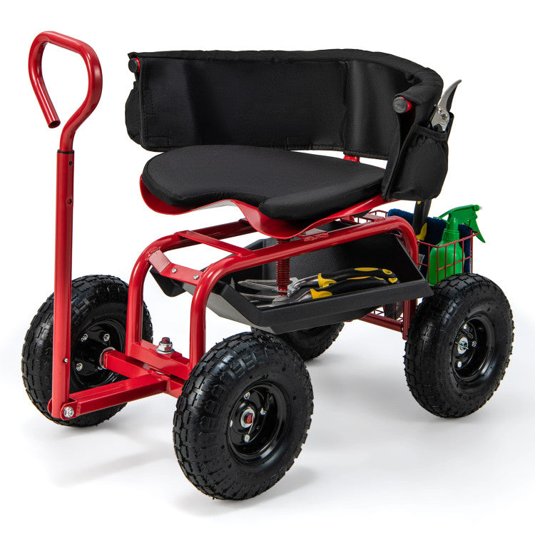 Garden Steerable Tool Cart Adjustable Rolling Scooter Patio Wagon Scooter with Storage Basket and Swivel Seat