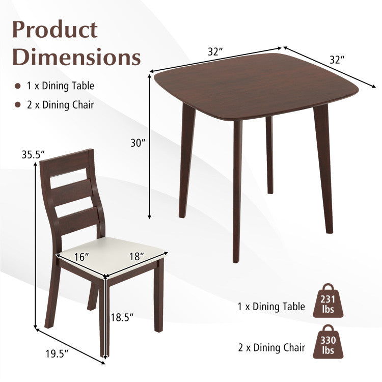 3-Piece Dining Table Set with Wooden Square Kitchen Table and 2 Chairs