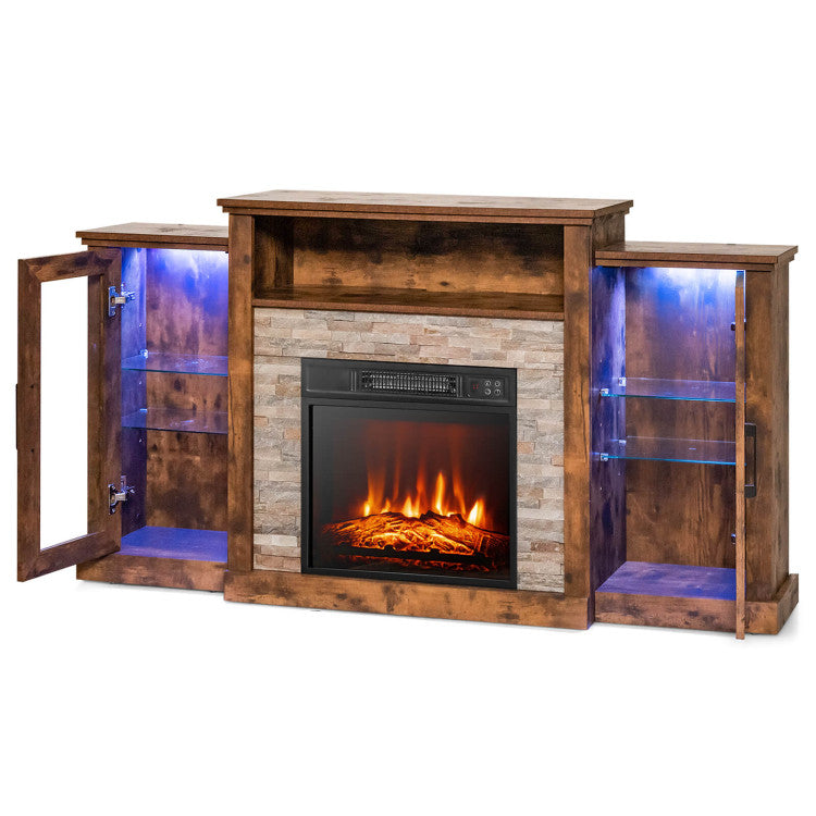 Electric Fireplace TV Stand Console Mantel Entertainment Center with Adjustable Glass Shelves and Remote Control For TVs up to 65”