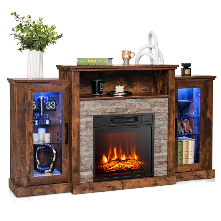 Electric Fireplace TV Stand Console Mantel Entertainment Center with Adjustable Glass Shelves and Remote Control For TVs up to 65”