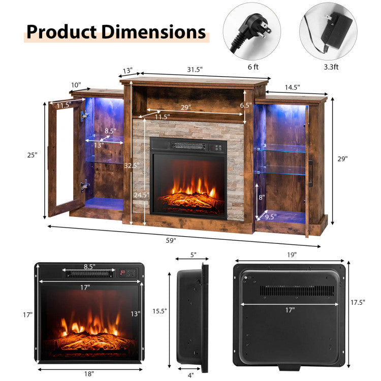 Electric Fireplace TV Stand Console Mantel Entertainment Center with Adjustable Glass Shelves and Remote Control For TVs up to 65”