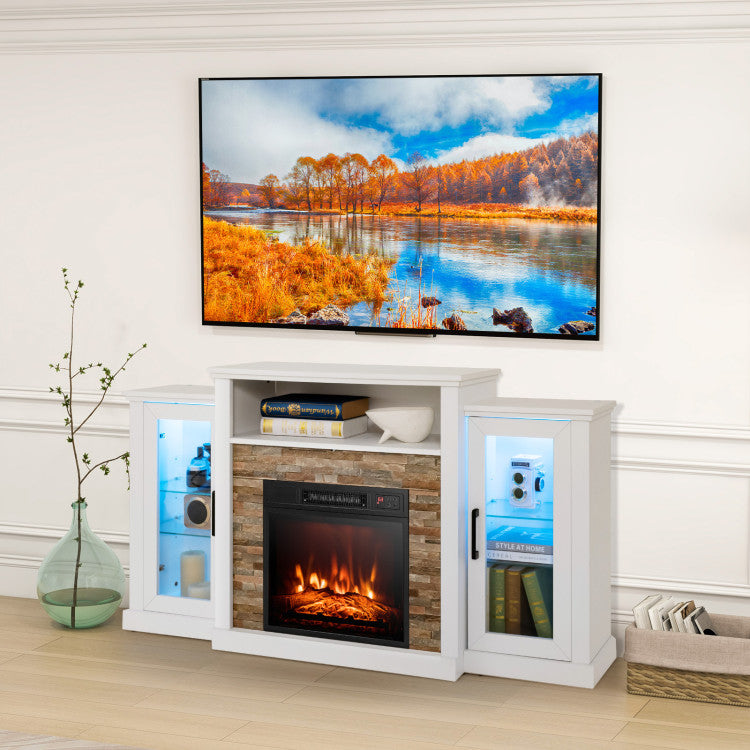 Electric Fireplace TV Stand Console Mantel Entertainment Center with Adjustable Glass Shelves and Remote Control For TVs up to 65”