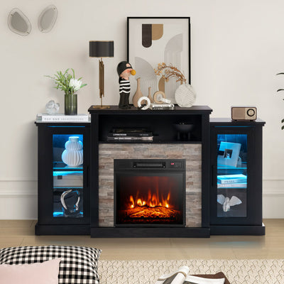 Electric Fireplace TV Stand Console Mantel Entertainment Center with Adjustable Glass Shelves and Remote Control For TVs up to 65”