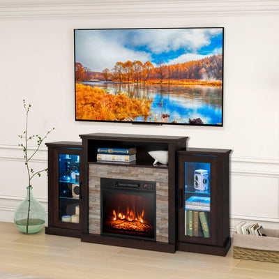 Electric Fireplace TV Stand Console Mantel Entertainment Center with Adjustable Glass Shelves and Remote Control For TVs up to 65”