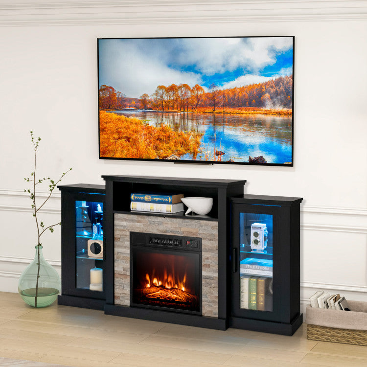 Electric Fireplace TV Stand Console Mantel Entertainment Center with Adjustable Glass Shelves and Remote Control For TVs up to 65”