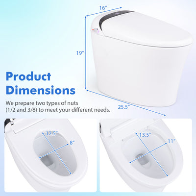 Elongated Bidet Toilet with 1.28 GPF Dual Auto Flush and Adjustable Heated Seat, One-Piece Smart Tankless Toilet with Kick Sensor and Night Light