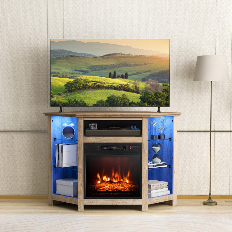 Fireplace Corner TV Stand Entertainment Center with Adjustable Glass Shelves and Remote Control for 50 Inches TV